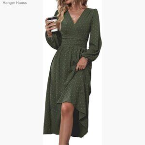 Women's Maxi Dress with V-Neck and Lantern Sleeves, A-Line Flowy Design